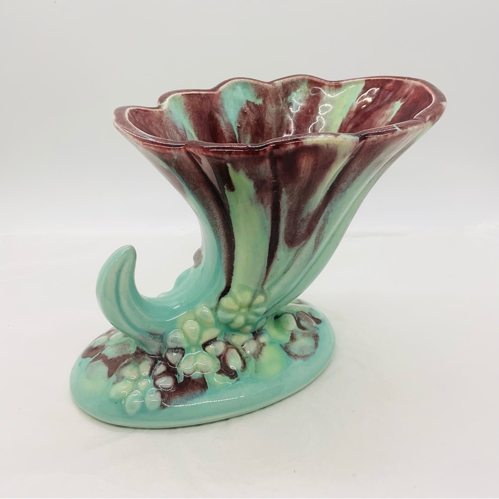 VTG Teal Blue Burgundy Drip Glaze Cornucopia Vase Floral Design Base 5”
